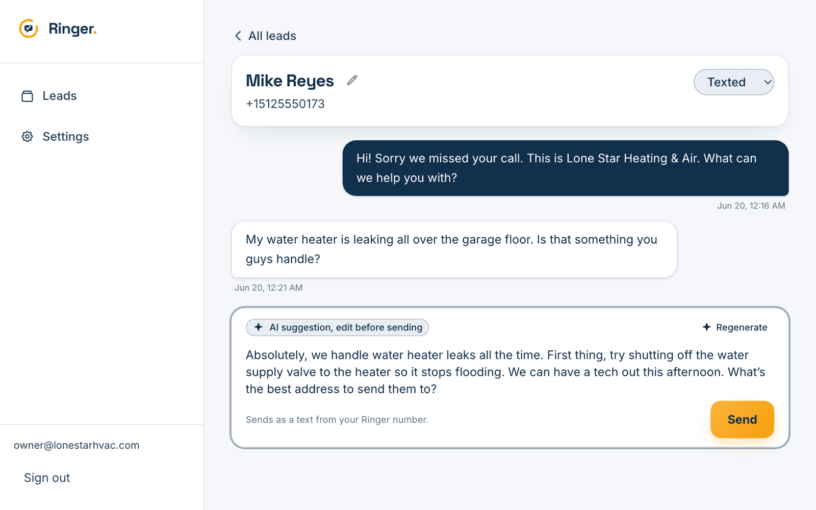 A Ringer conversation with an AI-drafted reply ready for the owner to approve and send