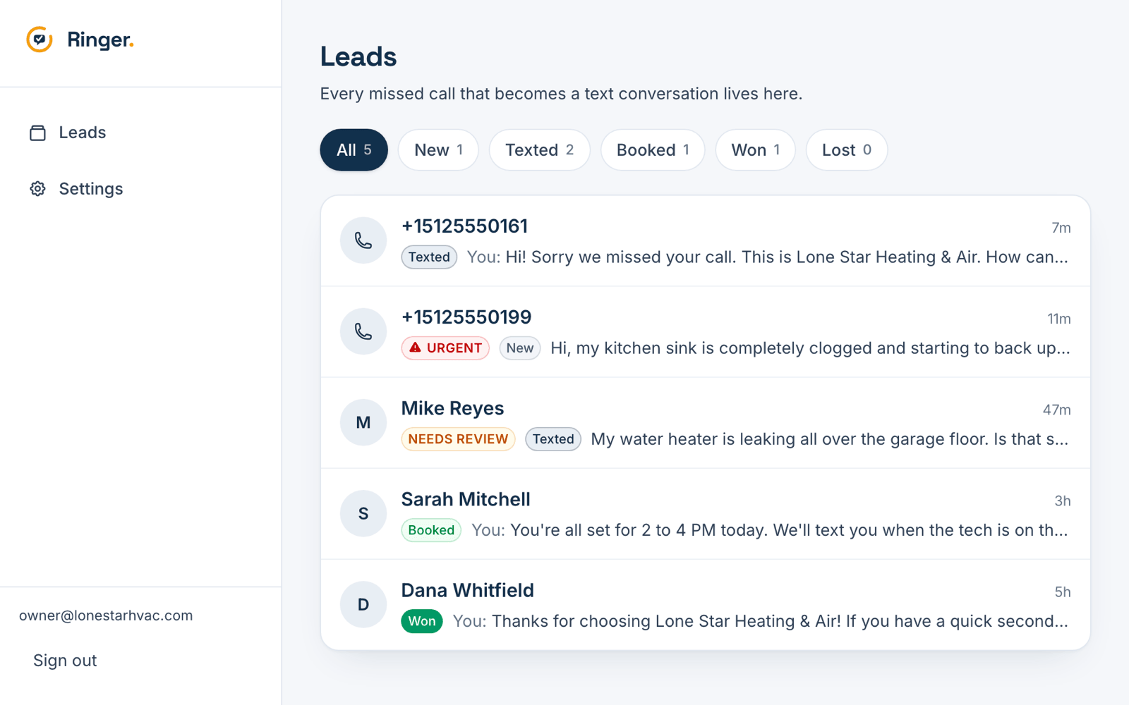 The Ringer inbox listing missed calls that were automatically texted back, with status labels for each lead