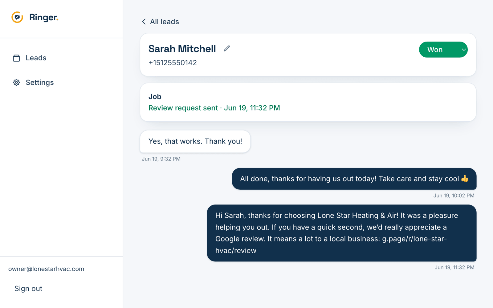 A Ringer conversation showing the automatic Google review-request text sent after a completed job